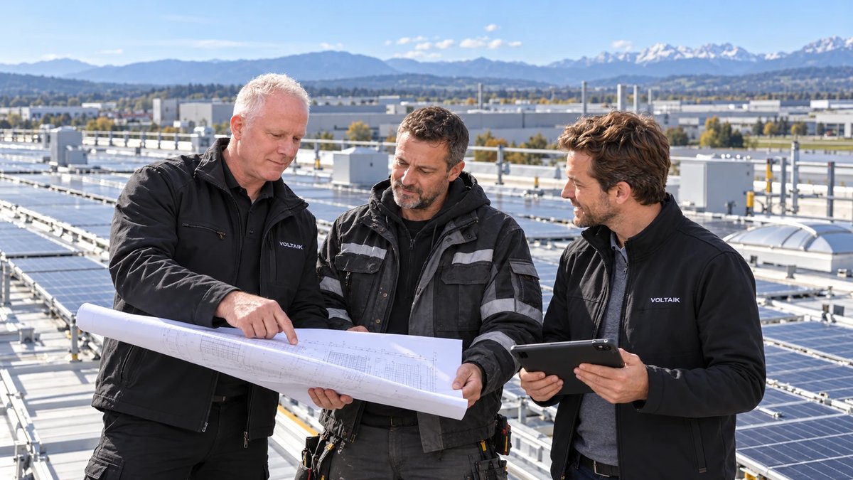 Symbolbild: Drei Männer besprechen einen Belegungsplan auf einem großen Flachdach mit Photovoltaikanlage