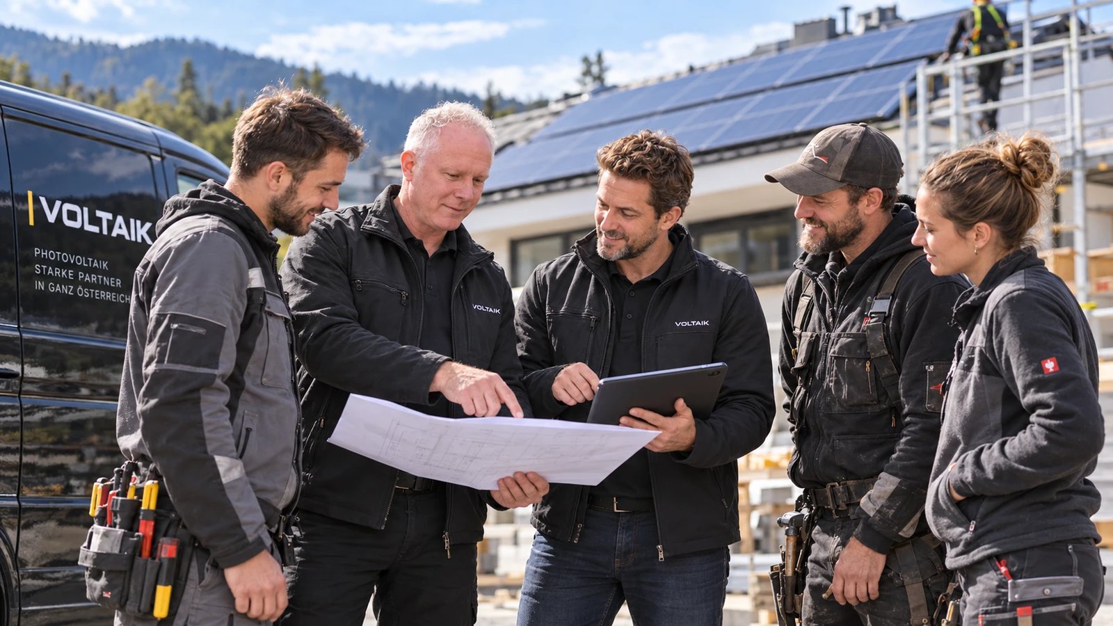 Symbolbild: Monteure und Planer besprechen auf einer Baustelle einen Plan, im Hintergrund ein Dach mit Photovoltaikmodulen